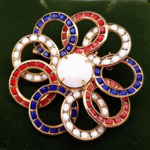 Patriotic Flower Pin, Milk Glass White, Red, Blue Opaque Glass Stones Brooch